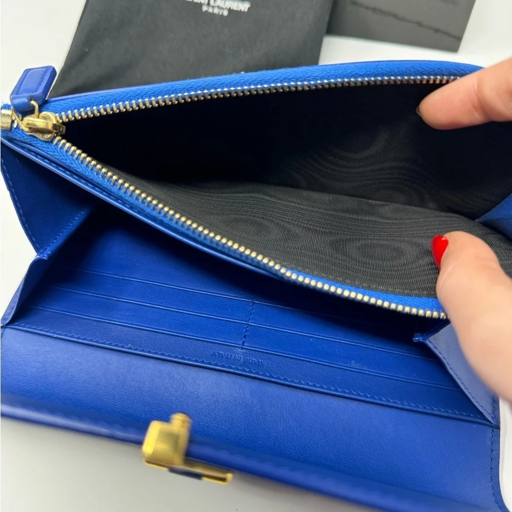 Saint Laurent Y-Chyc Authentic Royal Blue Leather Zip Wallet – Gold “Y” Hardware